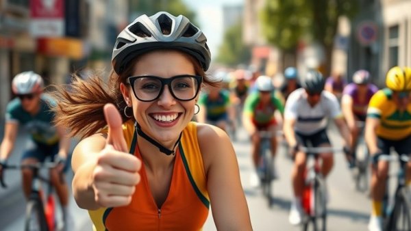 Smiling cyclist wearing prescription sunglasses giving thumbs-up during group ride.