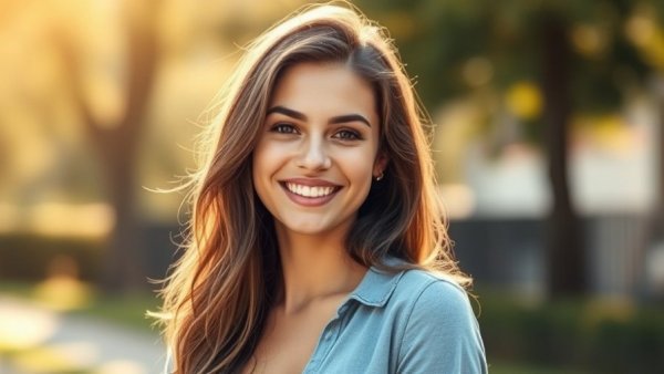 Confident young woman smiling outdoors in sunlight