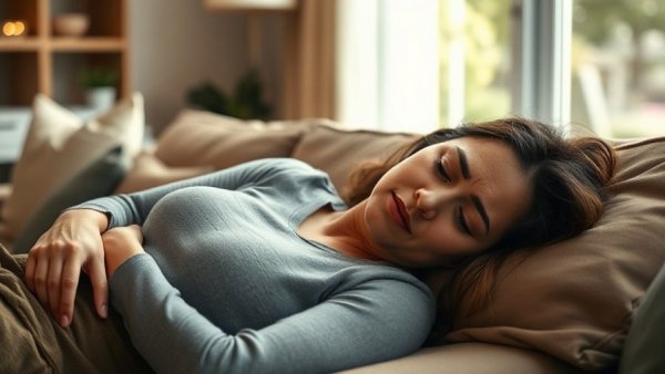Woman experiencing PCOS risks holding abdomen on couch.