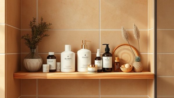 Elegant bathroom shelf with wellness products for winter rituals.