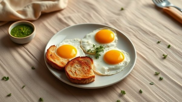Breakfast plate with eggs and green chutney in rustic setting