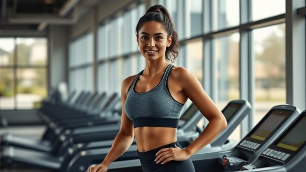 Athletic woman exploring treadmills at a gym.