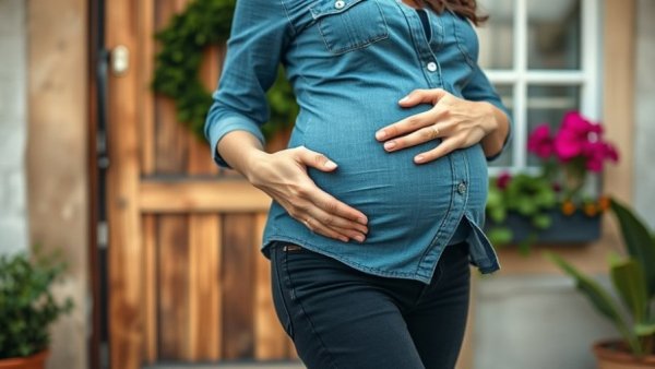 Pregnant woman cradling belly outdoors; Pregnancy Fatigue Health Problems.