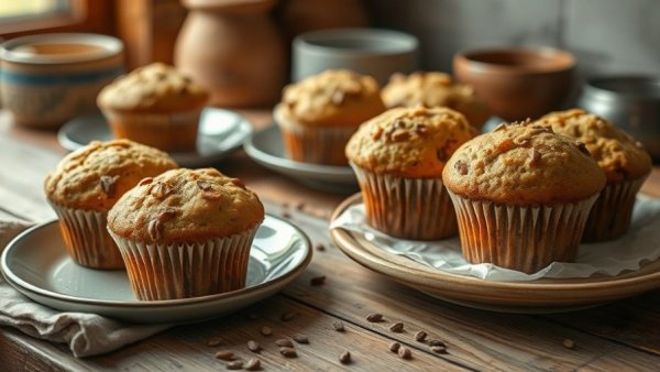 Rustic homemade muffins for breakfast in bed ideas, photorealistic.
