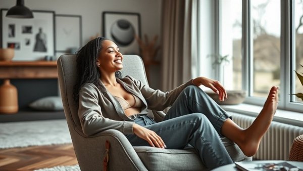 Woman romanticizing February in a cozy, modern living room.