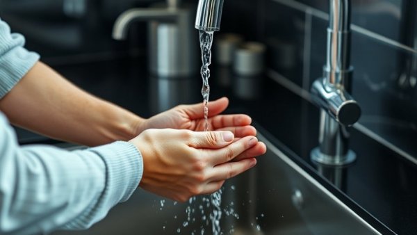 Two people washing hands under kitchen faucet, water flowing.
