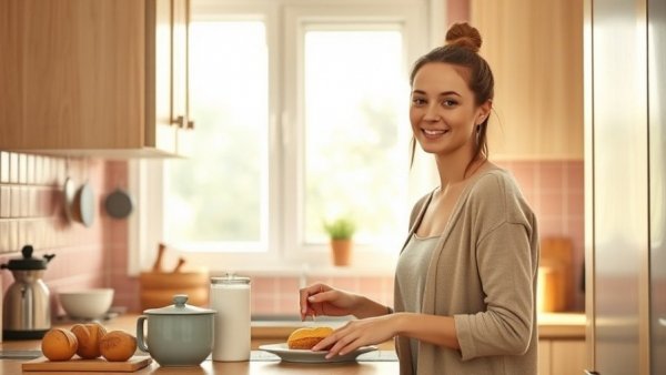 Young woman enjoys simple breakfast prep in cozy kitchen.