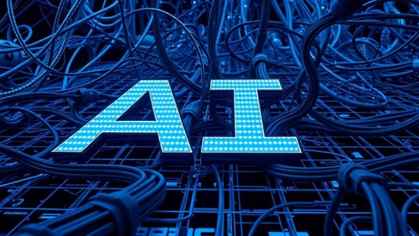 Futuristic AI letters on digital grid with network cables.