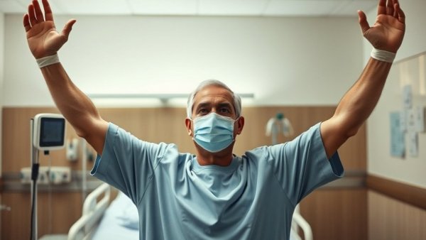 Man demonstrating elbow megaprosthesis restoration in hospital room.