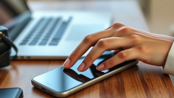 Close-up of manicured hand on phone with Healthy Nail Care Trends.