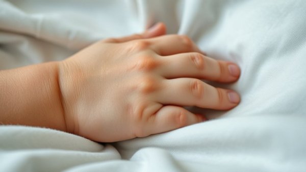 Close-up of child's hand resting on soft fabric, symbolizing care.