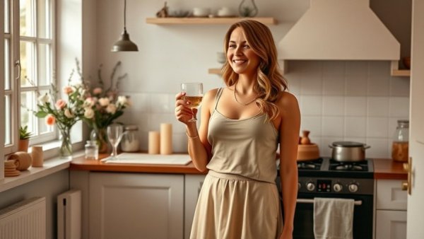 Elegant Valentine’s Day outfit in cozy kitchen