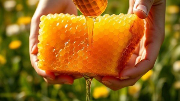 Close-up of organic honeycomb dripping honey with nature background.