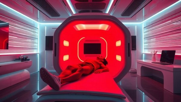 Futuristic sci-fi therapy room with red light therapy for muscle recovery.
