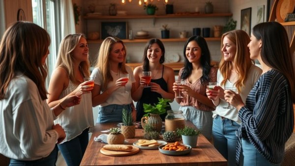 Women at a cozy gathering with snacks and drinks, enjoying a casual moment.