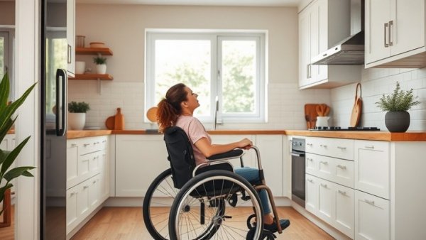 Woman in kitchen using narrow wheelchair, reaching for vegetables.