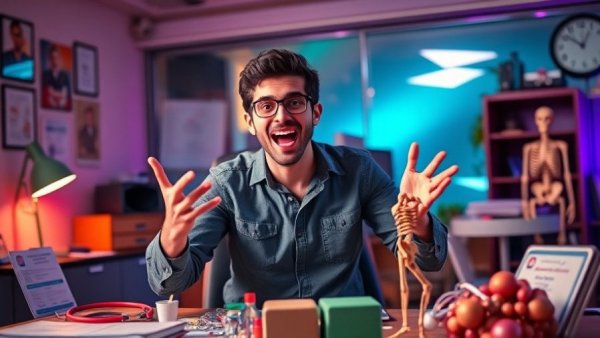 Young man discussing health trends in vibrant office - See Pinned Post