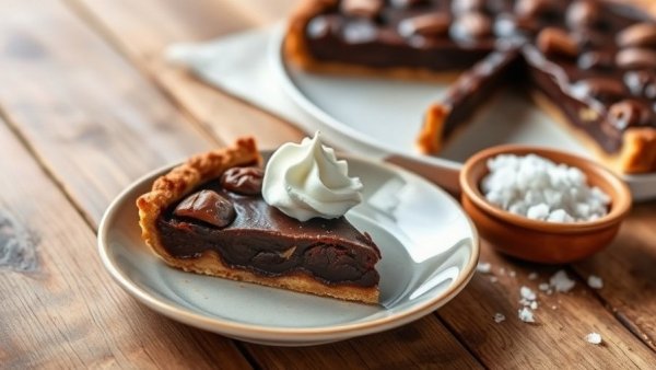 Salted chocolate date tart with a slice served, rustic kitchen setting.