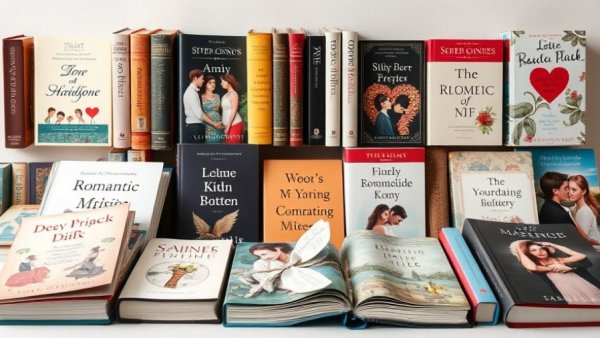 Colorful romantic books with artistic covers arranged creatively.