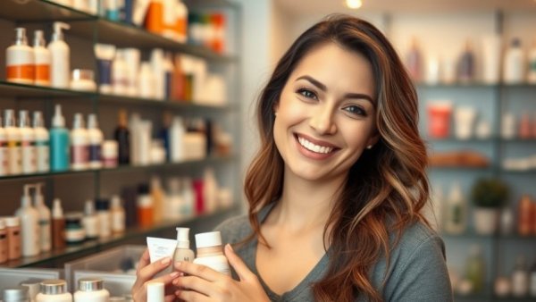 Woman exploring skincare products in a boutique, starting skincare business.