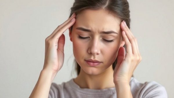 Woman experiencing eye strain headaches, pressing temples with closed eyes.