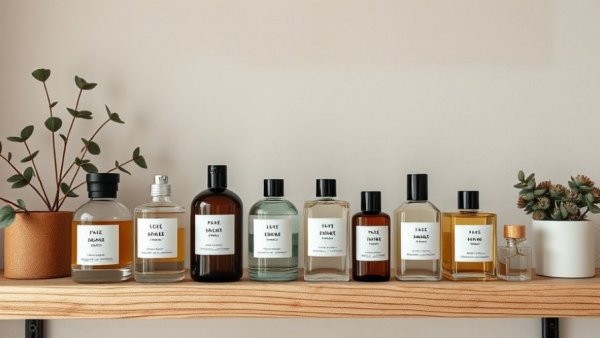 Minimalist display of fragrance bottles on a wooden shelf with natural decor, reflecting unisex fragrance trends 2026.