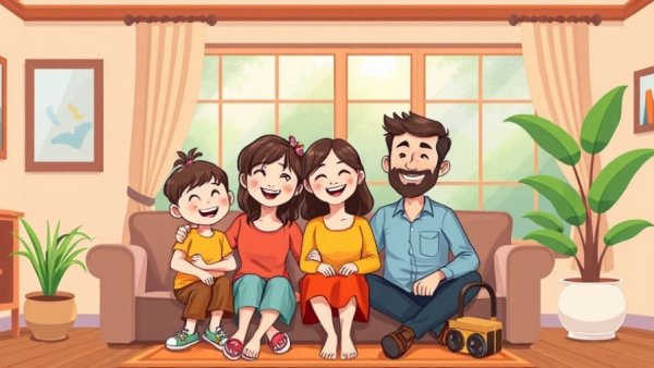 Illustrated family in living room, Parenting Resources for Every Family.