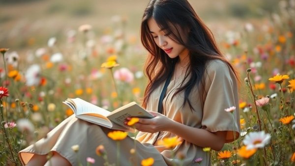 Woman reading poetry in a field, promoting wellness.
