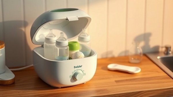 Modern baby bottle sterilizer on wooden countertop, baby bottle cleanliness.