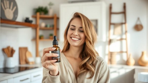 Woman with face oil in a cozy kitchen, best face oils for dry skin.