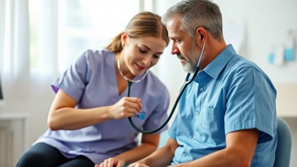 A nurse checking a patient's heartbeat highlights affordable heart care in India.