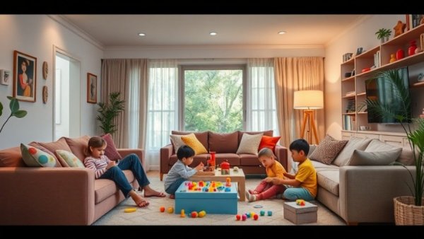 Family in cozy living room engaging with children, home health care for special needs children activity