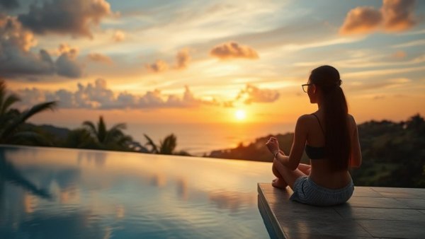 Tranquil scene of a person by a pool for screen time management.