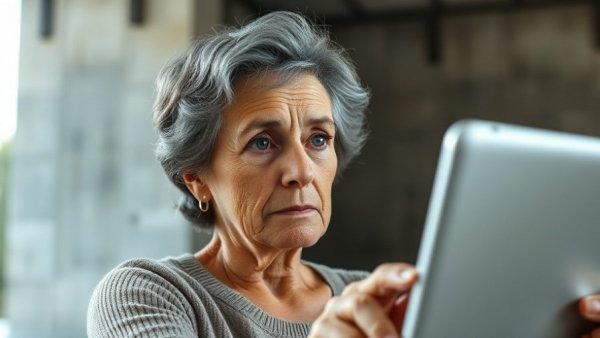 Older woman observing bright screen, contemplating repurposing of drugs.