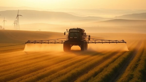 Agricultural vehicle spraying fields in morning mist with rolling hills in background.