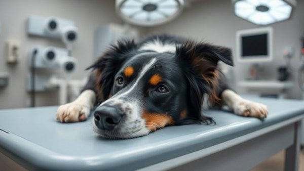 Border Collie with Key-Gaskell Syndrome on vet table receiving care.