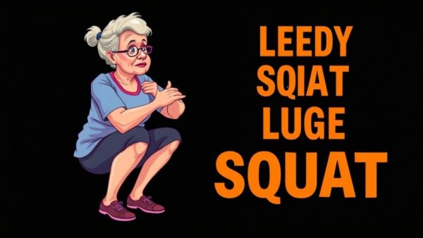 Cartoon elderly woman doing a squat, emphasizing Japanese leg exercises over 60