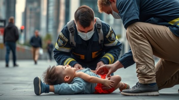 First responders and civilian assisting child outdoors; common first aid mistakes.