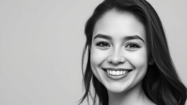 Young woman smiling in black and white portrait, chronic care management theme.