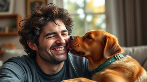 Dog licking man's face, playful moment, cozy living room.