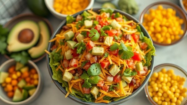 Easy weeknight meal recipes: vibrant taco salad with ingredients.