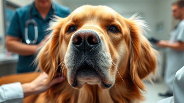 Golden retriever during veterinary examination, clinic setting.