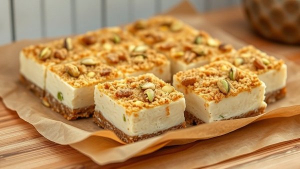 No-bake ricotta cheesecake bars sliced on parchment paper.