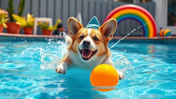 Corgi with shark fin swimming in pool, playful setting, outdoors.