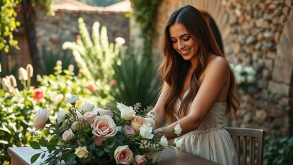 Elegant woman arranging flowers outdoors to refresh your life this March.