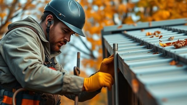 Focused roofer securing metal roof after storm damage.