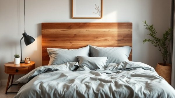 Calming bedroom with wooden headboard and gray bedding.