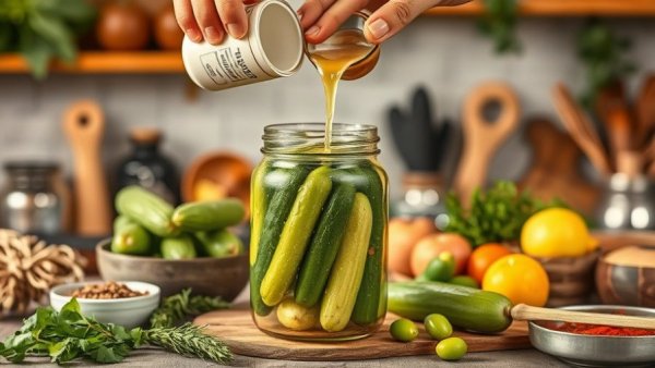 Gut-Brain Connection with Probiotic-Rich Foods, person preparing pickles in kitchen.