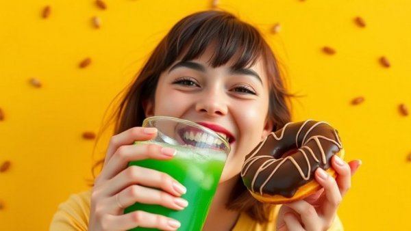 Young woman enjoying soda and donut, symbolizing food cravings.