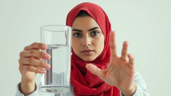 Determined woman in first 30 days after alcohol detox, refusing glass.